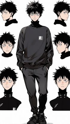 an anime character with black hair and various expressions on his face, standing in front of the