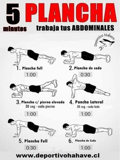 the five minute plank workout is shown in red and black, with instructions on how to do