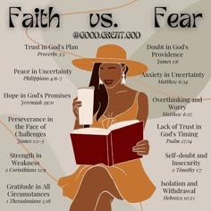 a woman in a hat reading a book and holding a cup with the words faith us,