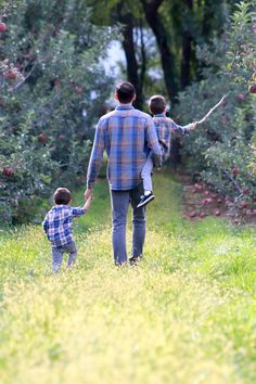 a father and son walking through an apple orchard