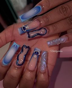 Blue Freestyle Nails, Blue Acrylic Nails, Colored Acrylic Nails, Girly Acrylic Nails, Dope Nail Designs, Short Square Acrylic Nails, Long Acrylic Nails Coffin, Long Square Acrylic Nails, Unique Acrylic Nails