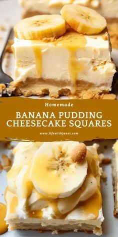 homemade banana pudding cheesecake squares with bananas on top