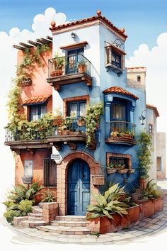 a painting of a building with plants on the balconies