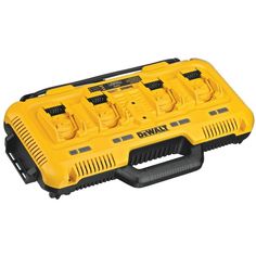 the dewly battery case is yellow and has six batteries in it, with black handles