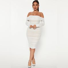 Fashion Nova Ready In A Ruched Off Shoulder Midi Dress Color: White Size: Large Never Worn, Brand New With Tags! Sold Out On The Site White Stretch Off-shoulder Midi Dress, White Ruched Knee-length Midi Dress, White Ruched Stretch Bodycon Dress, White Stretch Ruched Bodycon Dress, White Ruched Midi Bodycon Dress, White Ruched Midi Dress For Night Out, White Off-shoulder Ruched Dress, White Ruched Mini Bodycon Dress, White Ruched Knee-length Mini Dress