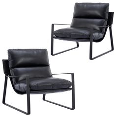 two black leather chairs with metal legs and armrests, one in the shape of a reclining chair