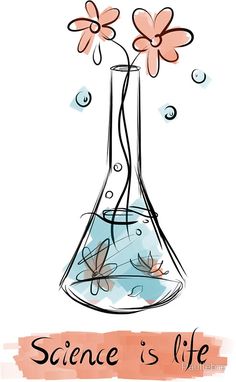 science is life with flowers in a flask filled with water and bubbles on a white background