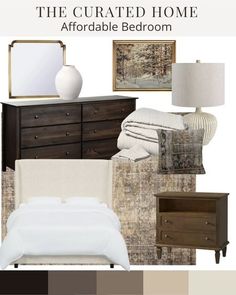 the color scheme for this bedroom is brown and white, with neutrals in it