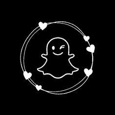 a black and white snap icon with hearts around it