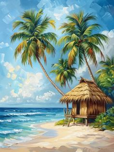 a painting of a hut on the beach with palm trees