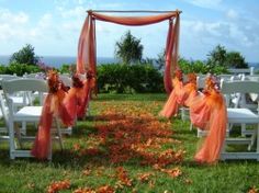 an outdoor ceremony set up with white chairs and orange sashes on the grass near flowers