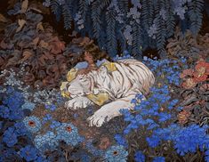 a painting of a white tiger laying in blue flowers