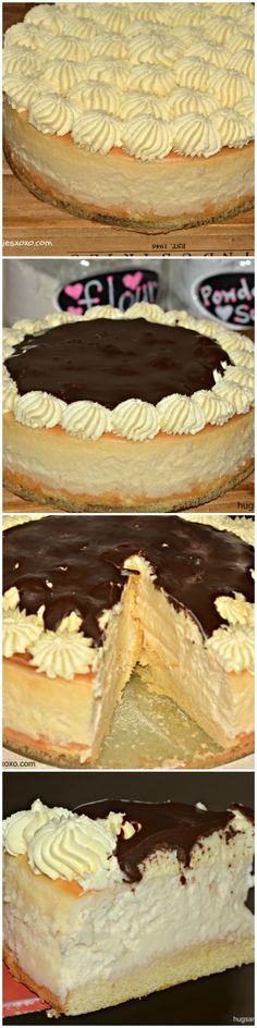 four different types of pies with chocolate and white frosting on each one slice