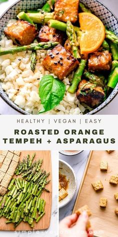 healthy vegan i easy roasted orange tempeh and asparagus with text overlay