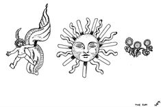 two sun and a moon with faces drawn in black ink on white paper by hand