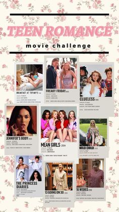 the teen romance movie challenge is on display in front of a white background with pink flowers