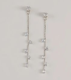 A pair of earrings that feature a stud with a linear chain with rhinestone leaf-shaped accents. Style with a necklace for any event.Fit & FeaturesRhinestone studLinear chain, rhinestone leaf-shaped accentsPost-back closure Earrings are final sale and may not be returned or exchanged. Silver Earrings With Delicate Chain For Formal Occasions, Formal Silver Earrings With Delicate Chain, Silver Linear Earrings With Adjustable Chain For Party, Hoco Jewelry, Orange Homecoming Dresses, Homecoming Shoes, Purple Homecoming Dress, Green Homecoming Dresses, Beach Wedding Guest Dress