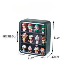 the toy display case has many small toys in it and is size chart for each doll