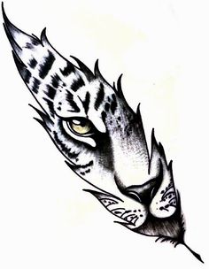 an ink drawing of a tiger's head with large yellow eyes and sharp claws