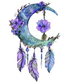 a watercolor drawing of the moon with flowers and feathers hanging from it's side