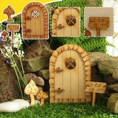 an assortment of wooden fairy doors in the grass