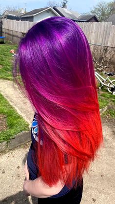 Red Hair With Pink And Purple Highlights, Red Hair And Pink Highlights, Purple Sunset Hair, Pink Orange And Purple Hair, Purple Vivid Hair Color, Purple Pink Orange Hair, Purple Hair With Pink Highlights, Purple Orange Hair, Purple And Orange Hair