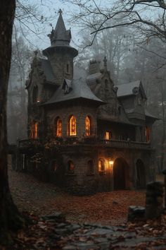 a creepy looking house in the woods at night