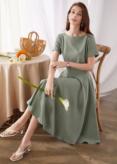 "DETAILS * More Color: https://etsy.me/34KDgPW * Cotton linen fabric * Two side seam pockets * No lining * Back zipper closure * Boat neckline * Swing dress * Midi length * Perfect for Summer, Spring, autumn * Wash by hand or machine with cold water, Ironing after dry * The model is 175cm (5′9″) tall with a 80cm (31.5\") bust, 66cm (26\") waist. She is wearing the green dress in size XS. CUSTOM MADE SERVICE If you * Change other color * Can't find your size in our size Chart * Change the Length Modest Sage Green Dress, Summer A-line Vintage Dress, Solid Color Vintage Summer Dress, Solid Color A-line Vintage Midi Dress, Solid A-line Vintage Midi Dress, Solid Vintage A-line Midi Dress, Vintage Midi Dress For Summer, Vintage Solid Color Midi Dress For Spring, Modest Wedding Guest Dress