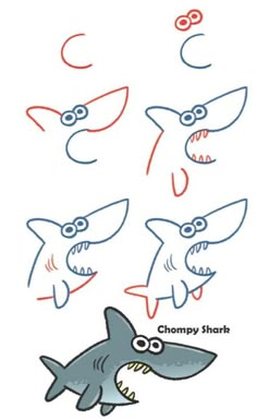 four different types of sharks with their mouths open and eyes closed, one shark has its mouth