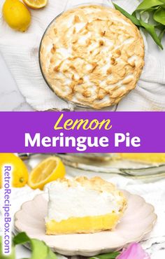 lemon meringue pie on a plate with flowers and lemons in the background