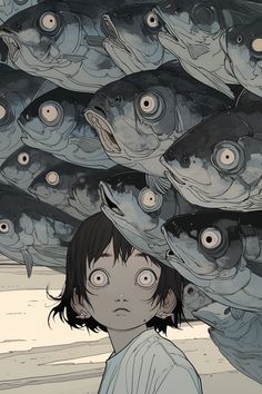 a young boy standing in front of a bunch of fish on the beach with his head above him