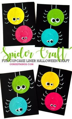 Cupcake Liner Spider Craft Cupcake Liner Halloween Crafts, Easy 1st Grade Halloween Crafts, Insects And Creepy Crawlies Preschool, Insect And Spiders Preschool Activities, Halloween Toilet Paper Roll Crafts Easy, Halloween Theme Crafts Preschool, Spiderweb Preschool Crafts, Prek Halloween Crafts Easy, Preschool Spider Crafts Art Projects