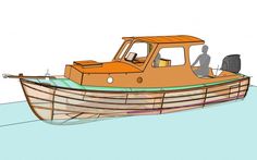 a drawing of a boat with two people on the front and one in the back