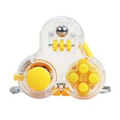 a yellow and white plastic toy with wheels on the front, two orange balls in the middle