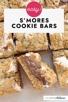 the words easy s'mores cookie bars are in front of a pile of cookies