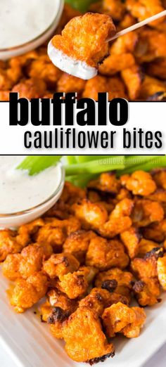 buffalo cauliflower bites on a white plate with ranch dressing in the background and text overlay that reads buffalo cauliflower bites