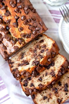 slices of banana bread with chocolate chips on top