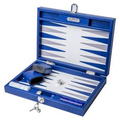 a blue backgamzer set in its case