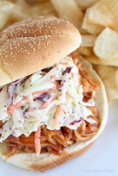 a pulled pork sandwich with cole slaw and chips