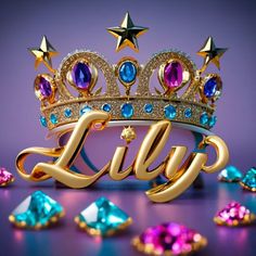 a gold crown with blue and purple jewels around it that says lilly on the front