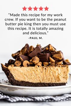 a piece of peanut butter pie on a plate with the title overlaying it