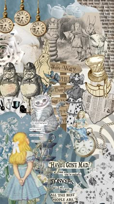 an altered collage with alice and the wonderland tea party characters in blue, white and gold