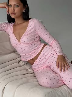 Blueberry Muffin Sleep Set Pink Casual Pink V-neck Sets, Pink Spring Lounging Sets, Pink Long Sleeve Bedtime Set, Pink V-neck Sets For Pajama Party, Pink V-neck Sleepwear For Loungewear, Pink V-neck Pajama Party Set, Pink Stretch V-neck Sets, Pink V-neck Stretch Sets, Pink Stretch Sleepwear