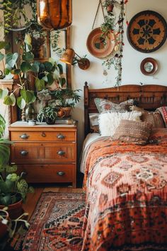 a bed room with a neatly made bed and lots of plants