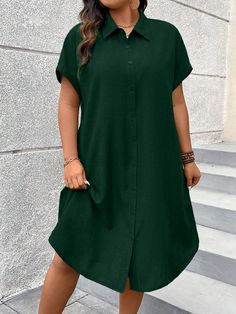 Plus Size Solid Color Turn-Down Collar Front Button Short Sleeve Summer Casual Dress Women Outfit Dark Green Casual  Short Sleeve Woven Fabric Plain Shirt Non-Stretch  Women Plus Clothing, size features are:Bust: ,Length: ,Sleeve Length: Loose Casual Dress, Plain Woman, Outfit Dark, Green Cotton Dress, Witch Characters, Cotton Tunic Dress, Cotton Tunic, Plain Shirt, Women Maxi