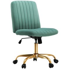 a green office chair with gold wheels and casteors on an upholstered base