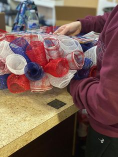 This patriotic Fourth of July wreath will make a wonderful addition to your indoor or outdoor home decor or a thoughtful gift for that special person or a special occasion. Use it for your own Spring and Summer decor. YOUR GOD BLESS AMERICA WREATH: Approximately 24 inches round Made with premium red, white, and blue mesh. Attached centerpiece (that is removable) Ruffle Wreath Tutorial, Ribbon Wreath Tutorial, Patriotic Mesh Wreath, Pencil Wreath, Ruffle Wreath, Patriotic Door Wreath, Mesh Ribbon Wreaths, Deco Mesh Wreaths Tutorials, Deco Mesh Wreaths Diy