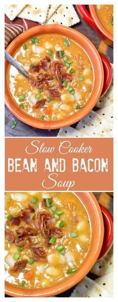 two bowls filled with bean and bacon soup