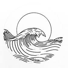 a black and white drawing of a wave in front of the sun on a paper