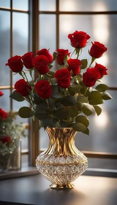 a vase filled with red roses sitting on top of a table next to a window